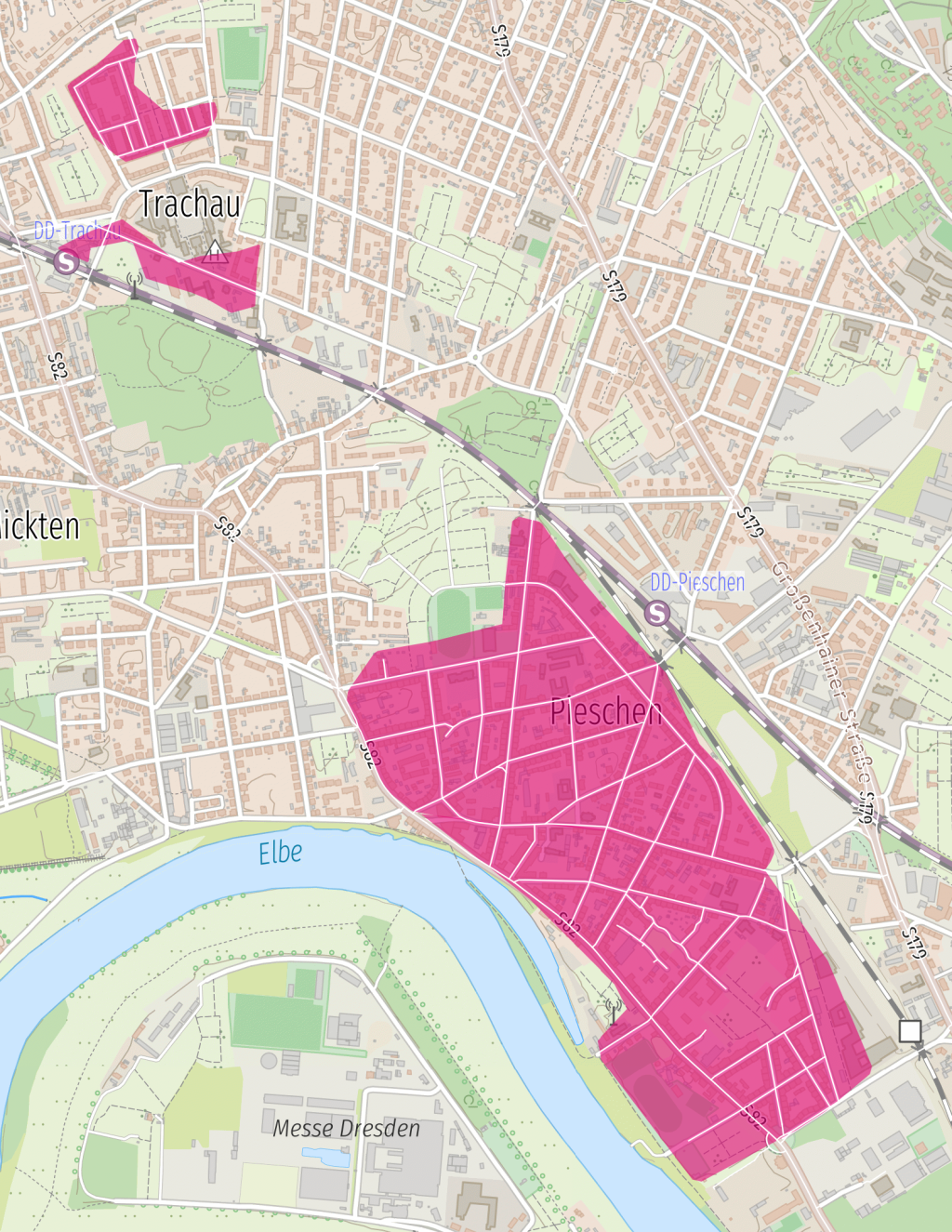 Glasfaser-Ausbaugebiete der Telekom in Dresden-Pieschen. Quelle: Tom Tom