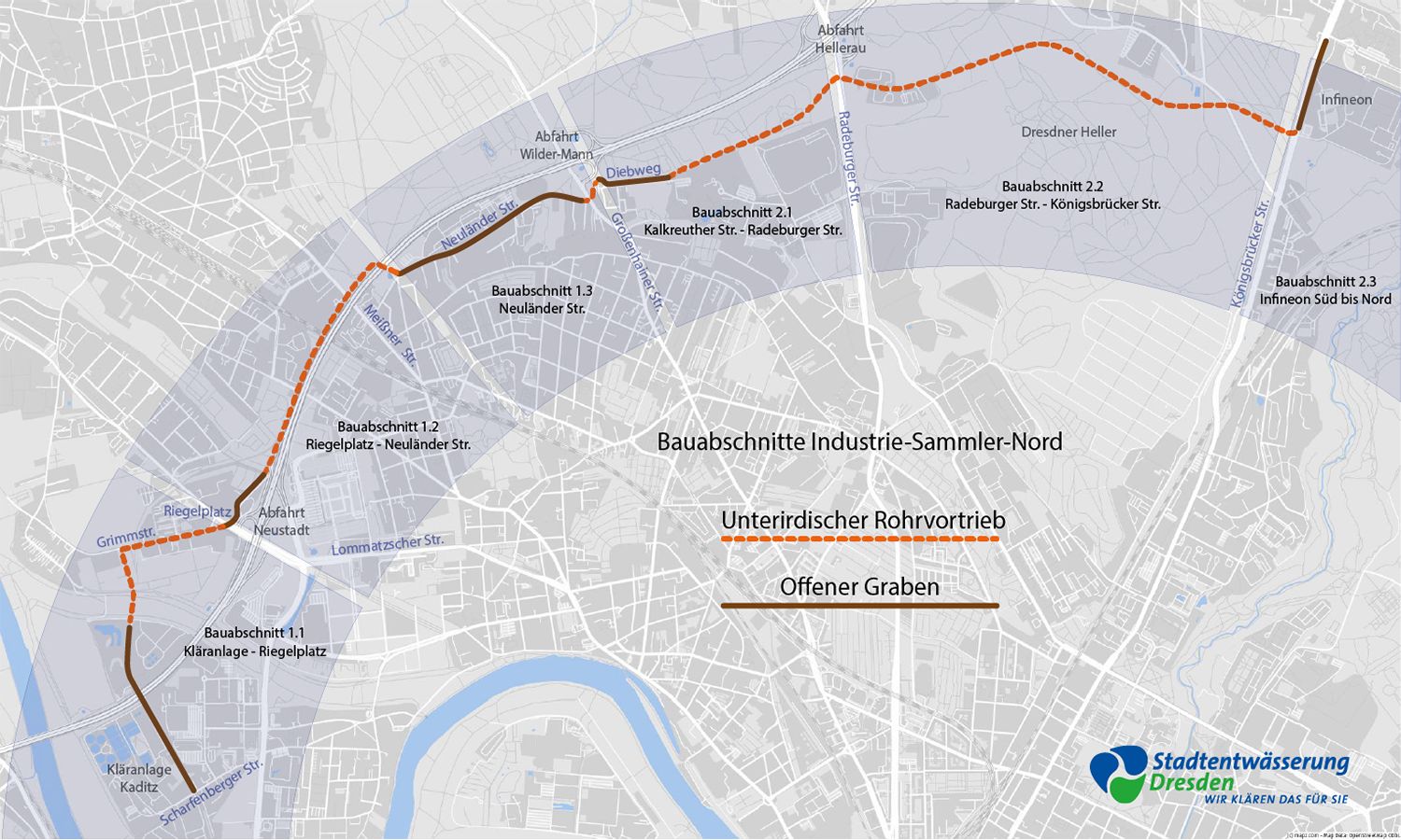 Industriesammler Nord: Die Bauabschnitte - Skizze: Stadtentwässerung Dresden
