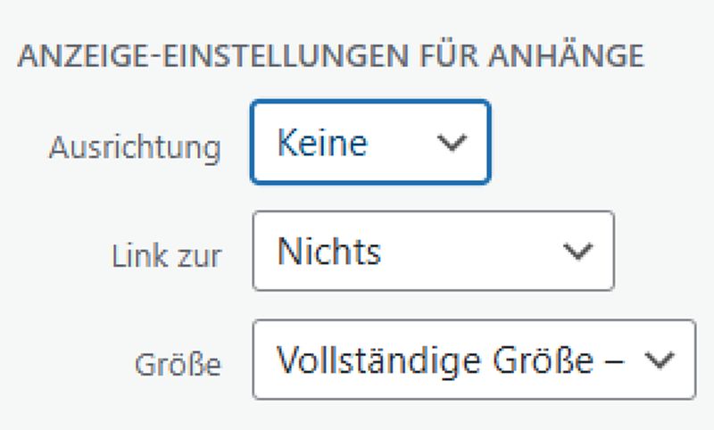 In dem Feld: "ANZEIGE-EINSTELLUNGEN FÜR ANHÄNGE" muss bei Ausrichtung: "keine" und Link zur: "keine" ausgewählt sein. Bei Größe: "Vollständige Größe".