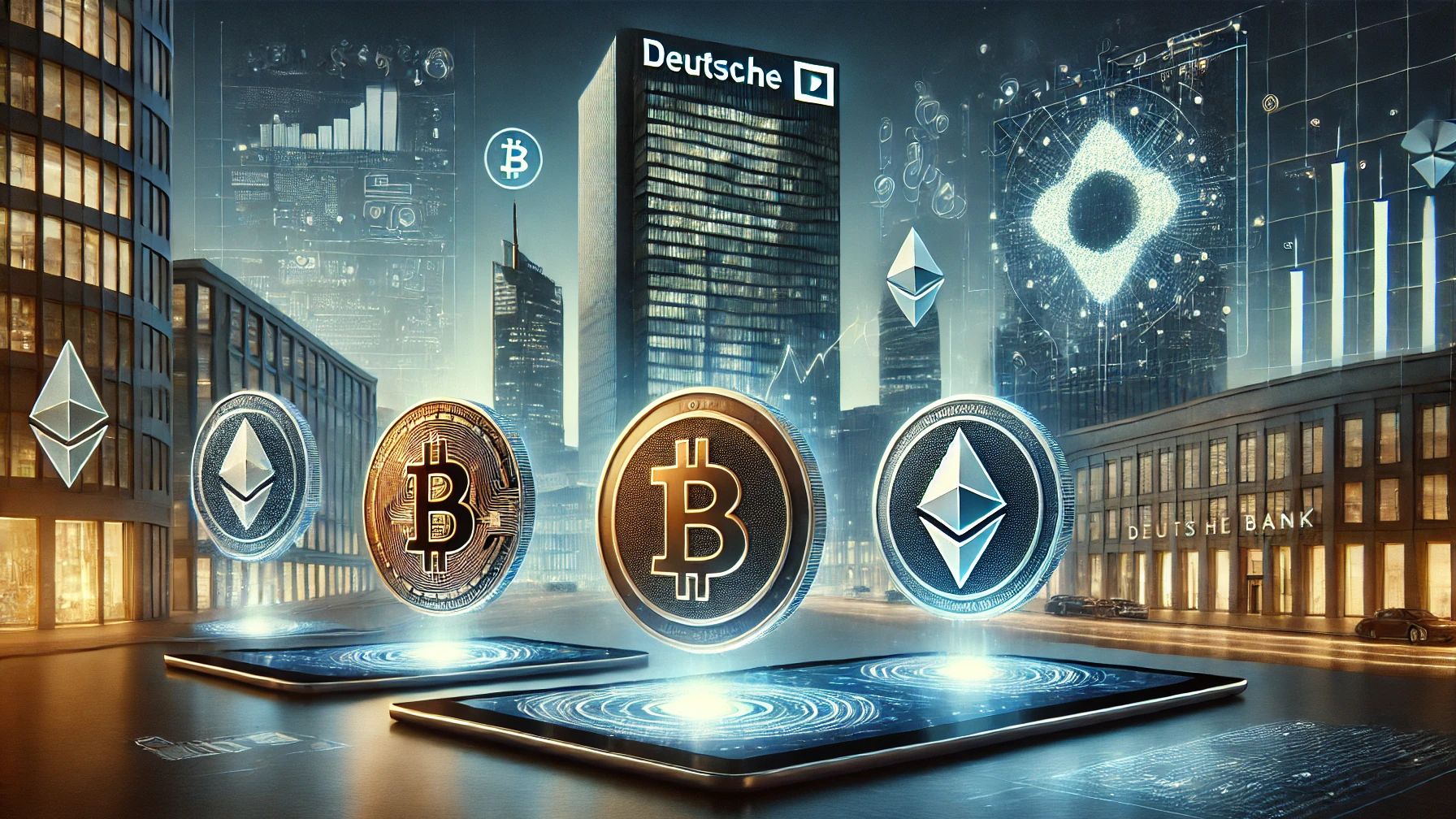 Ist es mehr als ein Gerücht, dass sich die Deutsche Bank stärker in Kryptowährungen engagieren will? Visualisierung: KI