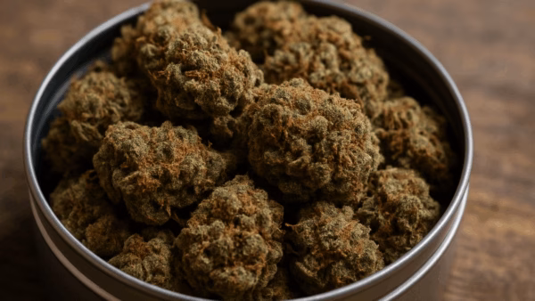 Getrocknete Cannabis-Pflanzen in einer Dose. Foto: KI